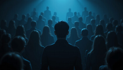 Obraz premium Crowd gathers in dim light for an engaging performance or event at night