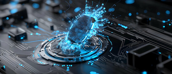 Futuristic tech illustration of a fingerprint scanner embedded on a circuit board. Suggests concepts of digital security and advanced computing applications