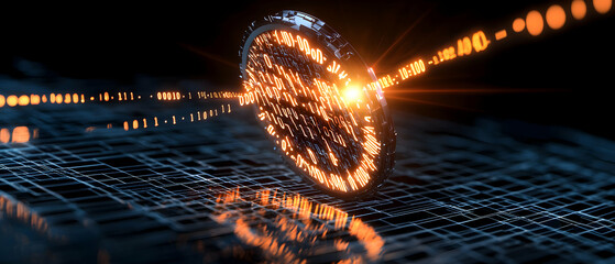 A digital data flow visualization depicting binary code transfer across a circuit board. Useful for data science technology promotion and digital art projects.