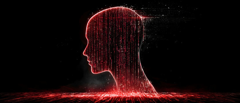Digital art depicting a human profile formed from binary code. Suggests artificial intelligence or data processing. Great for tech or science fiction visuals. - Powered by Adobe