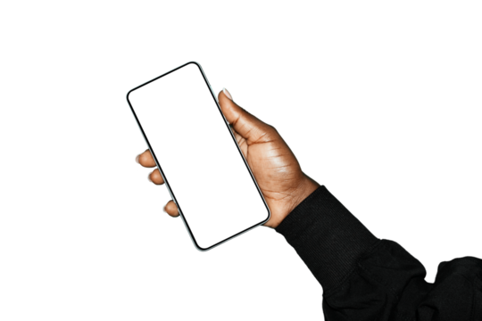 pretty Black african female hand in black sweater holding phone facing camera with blank yellow screen isolated on transparent background. blank screen, colorful phone screen mockup, front view 