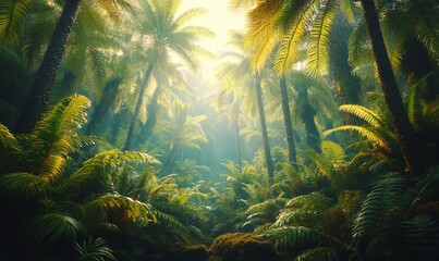 Lush palm fronds and verdant tropical rainforest canopy basking in radiant sunlight