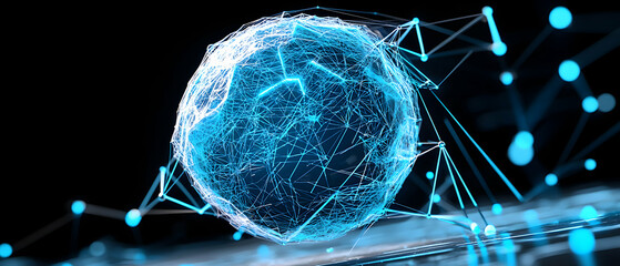 A digital sphere composed of interconnected lines and nodes glowing with blue light suggesting data processing and connectivity Suggests tech or network visualization.