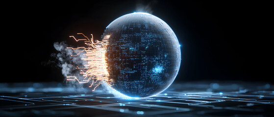 A digital sphere showing data transfer with circuits and smoke effects. It's suitable for tech presentations or concept art symbolizing global data flow and disruption.