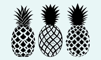 Black and White Pineapple Silhouette Vector Set Tropical Fruit Clipart Collection