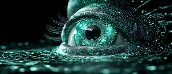Futuristic eye with digital code representing data processing vision and technology. Apply to AI cybersecurity or data visualization projects showcasing innovation.