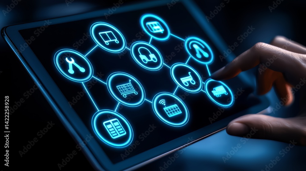 Poster Tablet screen shows a blue circle with a hand pointing to it. The circle is surrounded by other circles, each with a different symbol