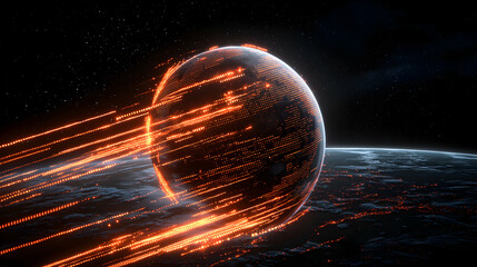 A digital sphere with glowing data streams emerging from space. Perfect for tech presentations or futuristic artwork reflecting global connectivity and data flow