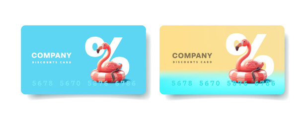Summer discount cards, 3d flamingo resting on an inflatable pool float. Discounts on services, goods, and products. Special offer, percentages. Vector illustration.