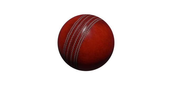3D cricket ball is slowly rolling on the spot. A shiny red cricket ball in a continuous loop roll is perfect for sports advertising. 4K clip smooth motion isolated on white background.