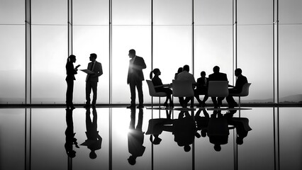Corporate Collaboration: A gathering of business professionals is silhouetted against the backdrop of an expansive window, engaging in a meeting. A sense of purpose, strategy, and innovation unfolds.
