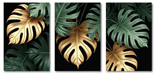 Abstract set of monstera leaves art posters. Modern art concept with green and gold colors on black background. Botanical illustration perfect for home decor. Tropical nature theme, wall art.