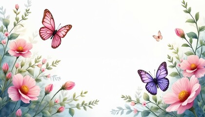 Fototapeta premium Watercolor painting with flowers, flying butterflies. Pink, purple butterflies, flowers. Floral seamless pattern, spring summer design. Botanical art, perfect for cards, invitations, wedding decor.
