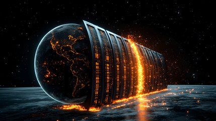 A futuristic data center encircling Earth. Representing global connectivity and information technology. Suggesting a data storage or processing concept in space.