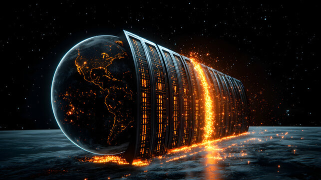 A futuristic data center encircling Earth. Representing global connectivity and information technology. Suggesting a data storage or processing concept in space.
