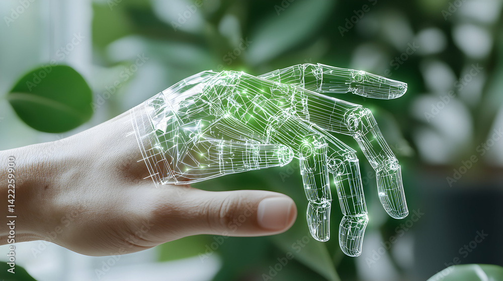 Wall mural an image shows a human hand overlaid with a digital robotic wireframe. this concept is suggestive of