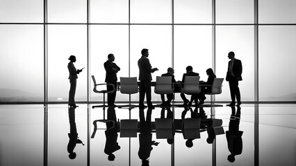 Corporate Synergy: An inspiring monochrome view of a business meeting, with silhouettes of executives engaging in strategic dialogue in a modern, light-filled boardroom.