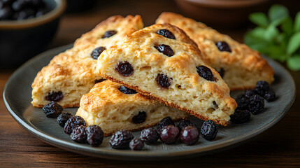 Raisin scones with golden crust and flaky texture, served on porcelain plate