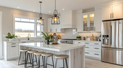 Bright neutral kitchen features a large island with seating stainless steel appliances and modern pendant lighting