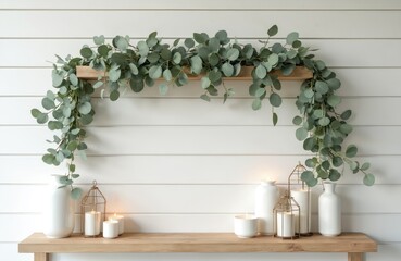 Fototapeta premium Elegant shelf decorated with plants and candles against bright wall. Modern interior design, cozy home decor with natural elements. Fresh, clean, minimalist style.