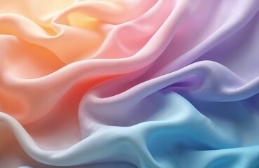 Fototapeta premium Illustration features soft, flowing fabric layers. Artistic textile texture with vibrant hues, shades of orange, pink, purple, blue. Dynamic waves create visual interest, ideal for fashion design,