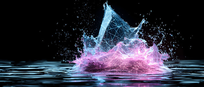 Abstract water splash with glowing pink and blue colors. Ideal for tech or digital art. Great for website backgrounds or promotional visuals.