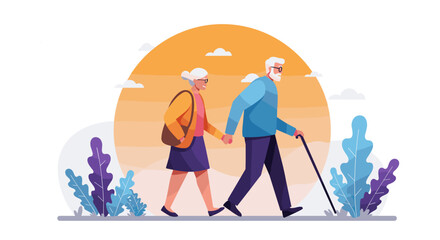 Elderly couple walking hand in hand against a sunset background  
