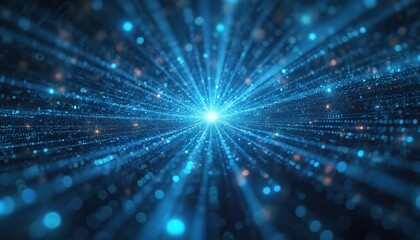 Obraz premium Futuristic abstract digital illustration showcasing AI algorithm in motion. Data streams, light particles create dynamic, vibrant, glowing tunnel with glowing blue light, bokeh effect. Tech concept.