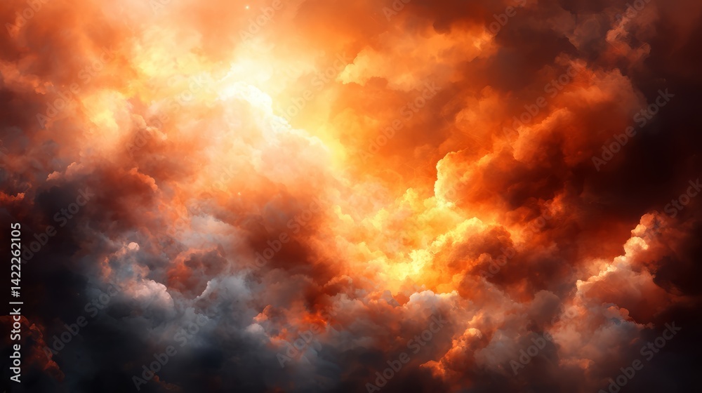Fototapete the sky is filled with orange and dark clouds, creating a dramatic and intense atmosphere. the sun i