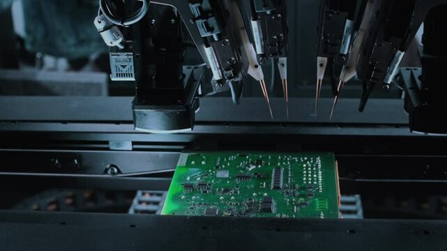 Close-up: installing electronic components. Printed circuit board moves with SMD. Automatic welding, solder machine. Production technology. Diagnose test chips and processors. Manufacture of High-tech