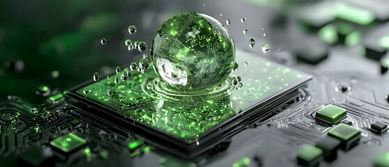 A futuristic digital design showing a sphere of circuits on a motherboard with water droplets. Ideal for technology websites or futuristic wallpapers representing progress.