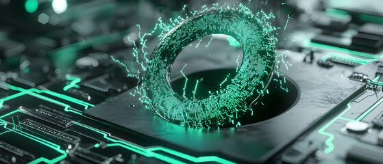A futuristic digital artwork showcasing an abstract ring and circuit board bathed in cool green light. Great as a tech background.
