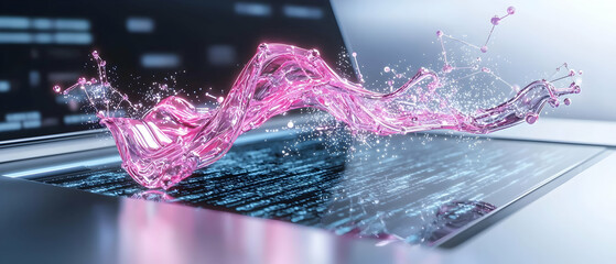 An abstract image showcases digital fluidity and technological innovation using a stylized splash of pink elements over a laptop suggesting data processing or network connection