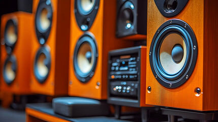 The image shows a lineup of wooden-cased loudspeakers and audio equipment. This is likely part of a gallery of images uploaded for a website like Adobe Stock.