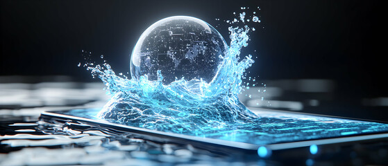 A digital world bursts forth from a phone screen showcasing data and technology. The image suggests innovation and digital immersion. Ideal for tech related visuals.