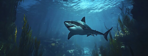 Fototapeta premium great shark swimming in the deep blue ocean