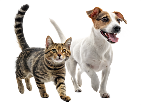 Dogs and cats joyfully running together in a playful moment indoors