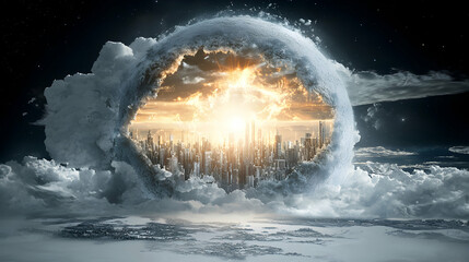 A city bursts from a frozen sphere surrounded by clouds in a starry sky. Great for fantasy art illustrations or sci-fi themed book covers or posters.