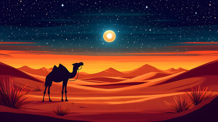 Silhouette of a camel stands in desert under a starry night with a full moon dunes and sparse foliage fill the vista