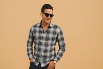 A confident young man in sunglasses and a plaid shirt stands against a solid background, smiling casually. Ideal for fashion, lifestyle, and promotional content with copy space.