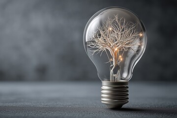 A single, clear glass lightbulb containing a tiny, intricate, glowing filament shaped like a branching tree or neural network.