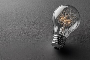 A single, clear glass lightbulb containing a tiny, intricate, glowing filament shaped like a branching tree or neural network.