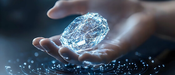 A hand cradles a glowing digital crystal a metaphor for innovation or technological advancement. It is suitable for articles about technology future or data.