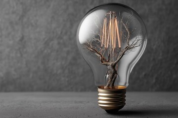 A single, clear glass lightbulb containing a tiny, intricate, glowing filament shaped like a branching tree or neural network.