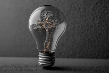 A single, clear glass lightbulb containing a tiny, intricate, glowing filament shaped like a branching tree or neural network.