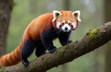 Fototapeta premium Red panda climbs tree branch. Orange fur black legs white ears. Wildlife, arboreal animal, in natural habitat. Cute mammal. Horizontal orientation. Nature conservation eco-friendly.