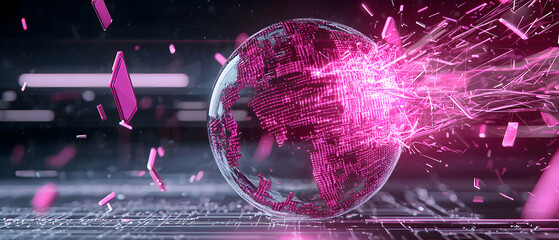 An abstract digital artwork featuring a glowing globe shattering into shards. Ideal for tech presentations data visualization or futuristic themes