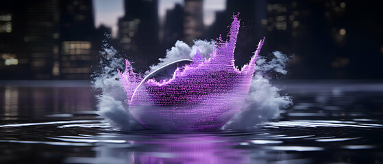 A digital data visualization rising from water. It looks like a wave of information. Suggests technology and data flow in a modern city. It can be used for a website banner.