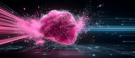 Abstract digital art featuring a pink cloud like structure with light trails and a dark background. Suitable for technology presentations or futuristic visuals.