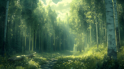 Forest path with sunlight shining through tall trees illuminating wildflowers and creating a serene and natural atmosph